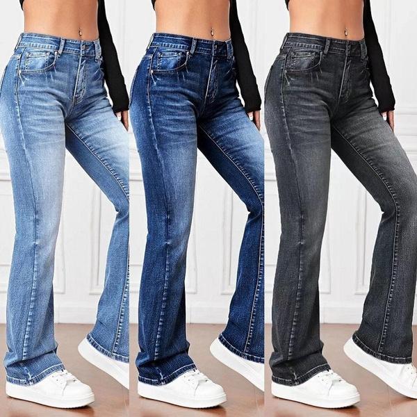 Living Mall Dames stretch denim jeans met volledige lengte, hoge taille, rechte broek, dames casual lange jeansbroek M marineblauwe kleur