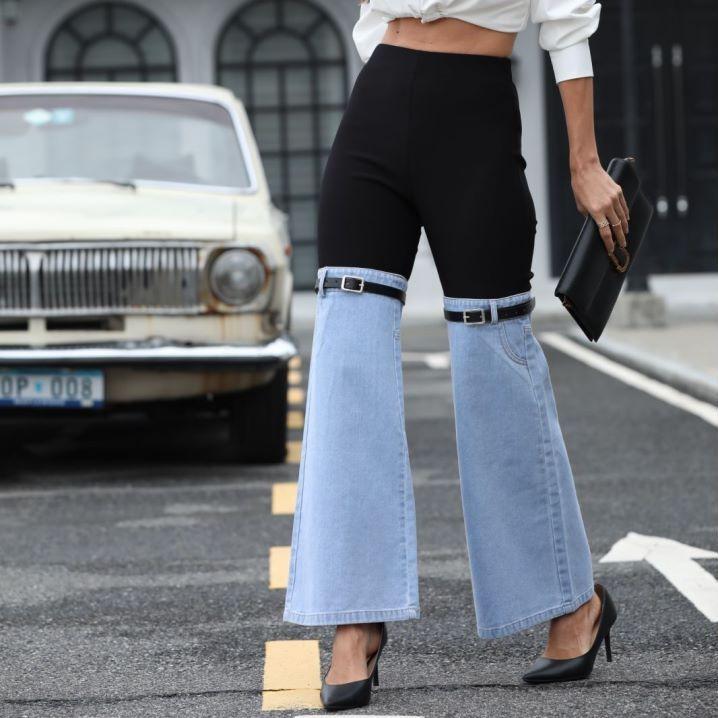 Mille Lente dames modieuze slanke denim gesplitste casual broek met wijde pijpen XL grijs