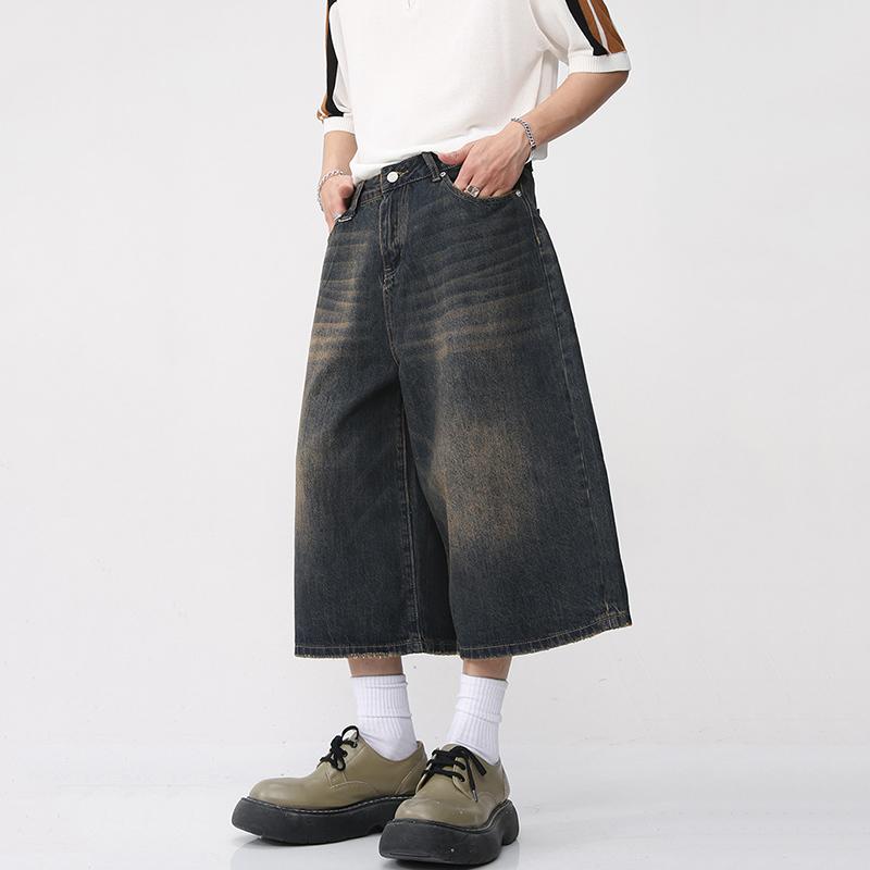 GS Heren Zomer Cropped Jeans Mid-rise Knoopsluiting Denim Broek Gradiënt Kleur Wijde Pijpen Cropped Broek Streetwear L