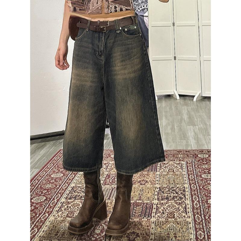 Exotic Dames Vintage Hoge Taille Midi Lange Jeans High Street Stijl Baggy Blauwe Shorts Vrouwelijke Mode Wijde Pijp Y2K Vrouwelijke Denim Shorts XXXL blauw