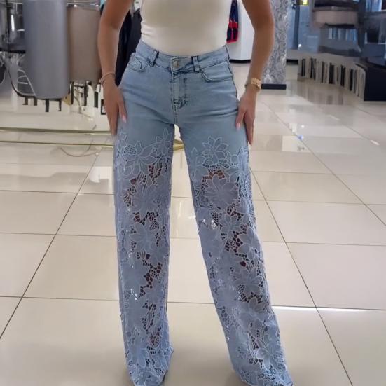 Kitty Cat House Dames Jeans met Kant Patchwork Casual Baggy Rechte Wijde Pijp Denim Broek Mid Waist Bloemig Holle Jeans S wit