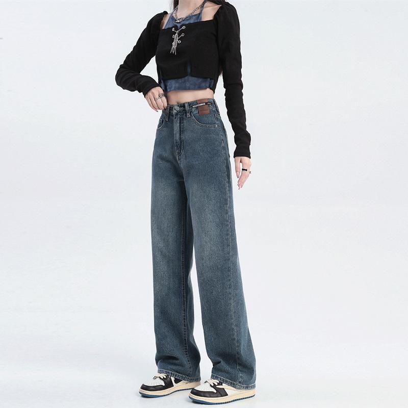 FP64TH Lente en herfst damesjeans Losse rechte broek Hoge taille Broek met wijde pijpen Denim jeans XL blauw