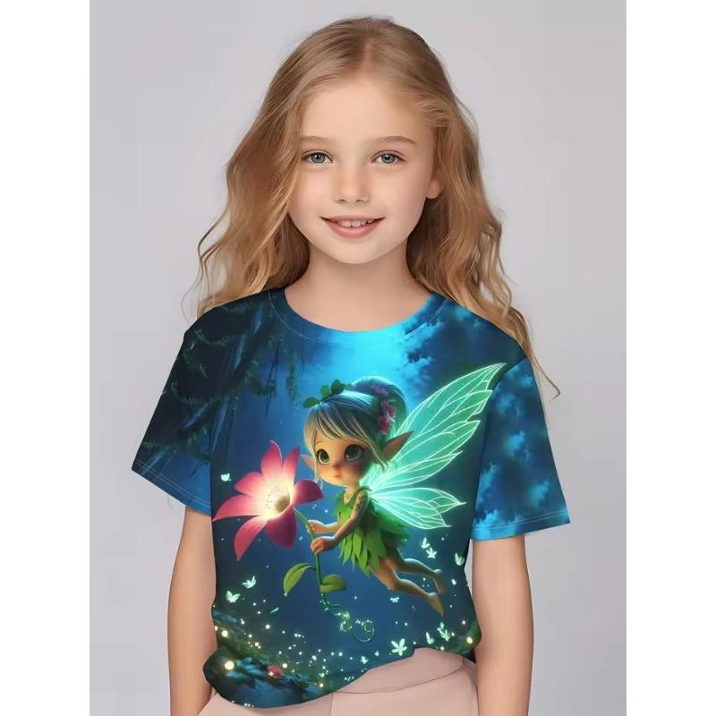 Forever Men Kinderkleding Meisjes Betoverende 3D Fee Print Korte Mouw T-shirt Tops Comfortabele Ronde Hals Casual T-shirts Kinderkleding Meisjes 110