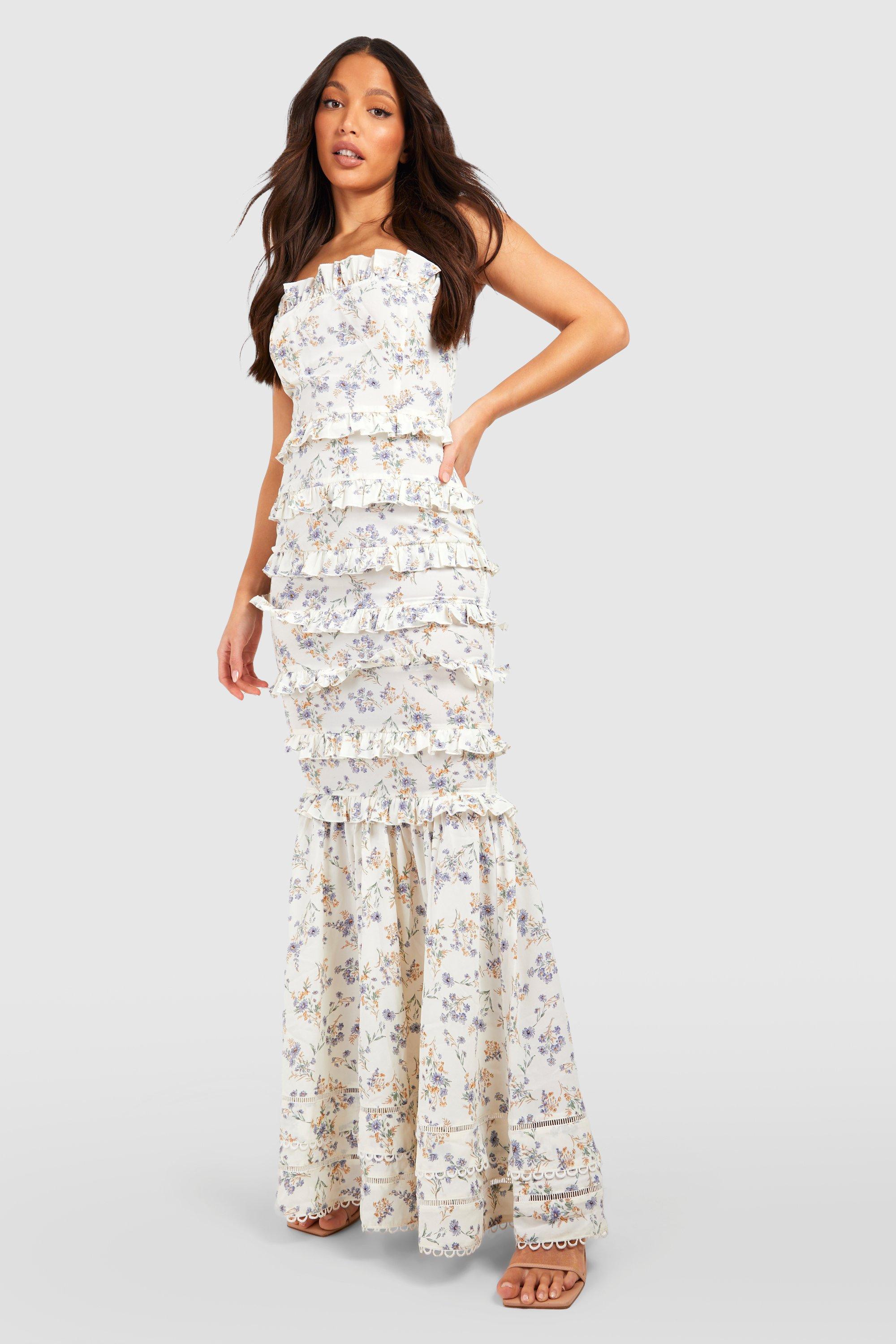 Boohoo Tall Bloemen Midaxi Jurk Met Ruches En Laagjes, Ivory