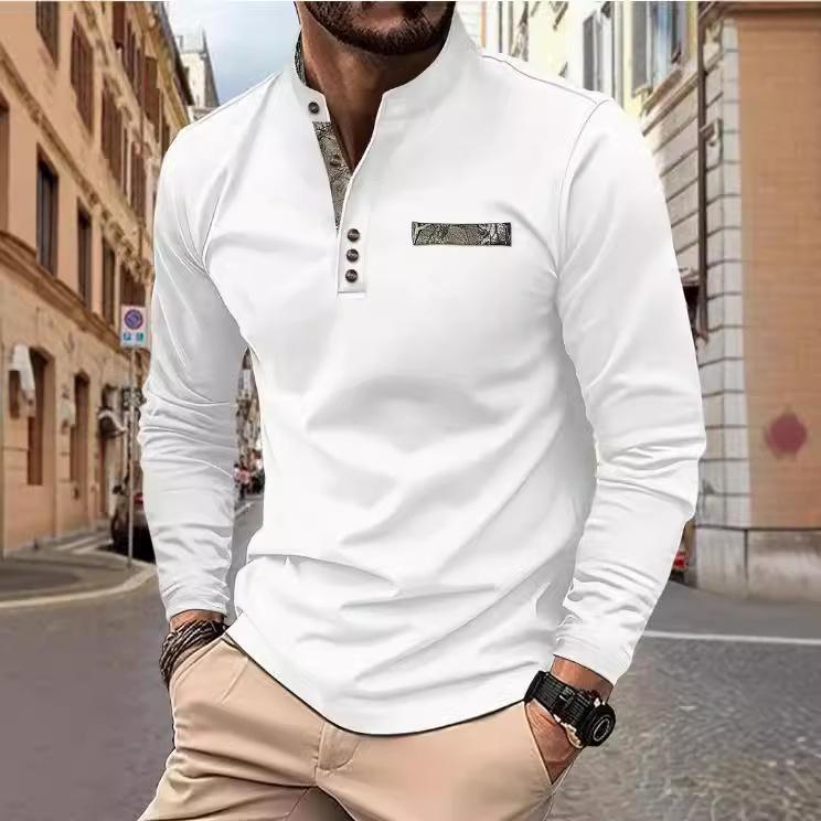 Fashion human Heren lente en herfst heren poloshirt met opstaande kraag casual sport lange mouwen Henley shirt XL denimblauwe kleur
