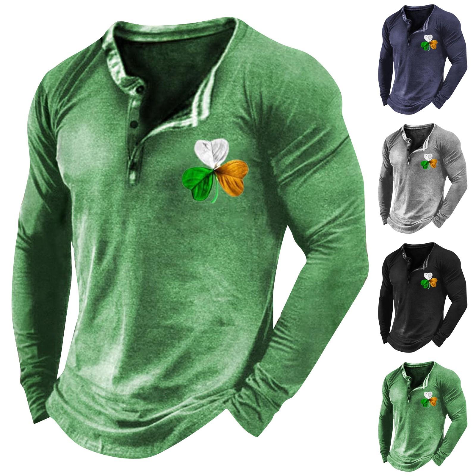 Wahaha123 Heren Outdoor Vintage V-hals Knoop Lange Mouw Mode Sport T-shirt XL groen