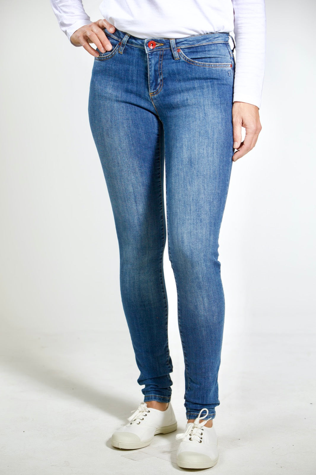 TORLAND Damen vegan Skinny Jeans Rosa Mid Indigoblau
