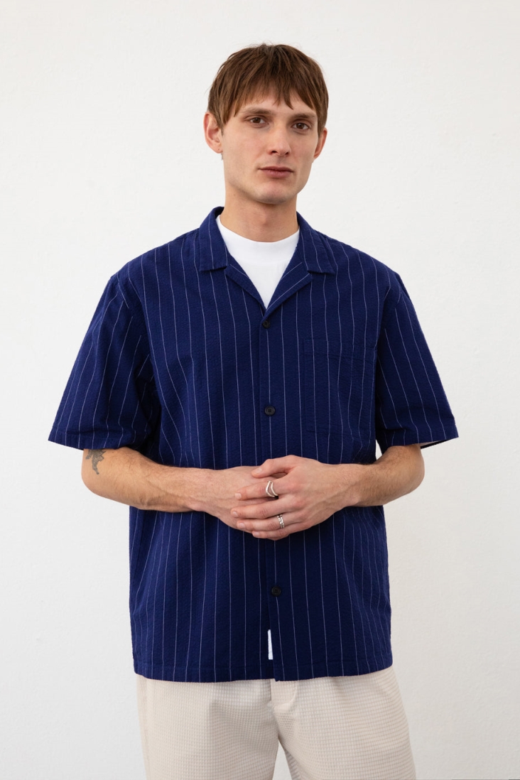 Rotholz Herren vegan Hemd Seersucker Bowling Navy