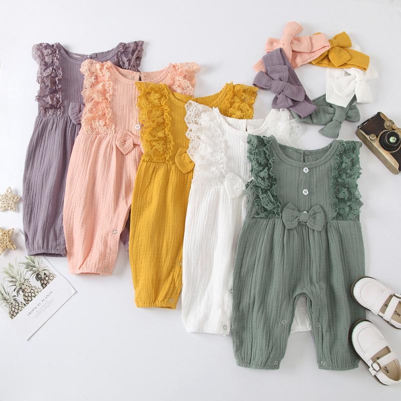 BOOSKU Babykleding Pasgeboren baby-jumpsuit Kant Mouwloos Kant Eendelig kledingstuk Romper + hoofdbandkleding S/70