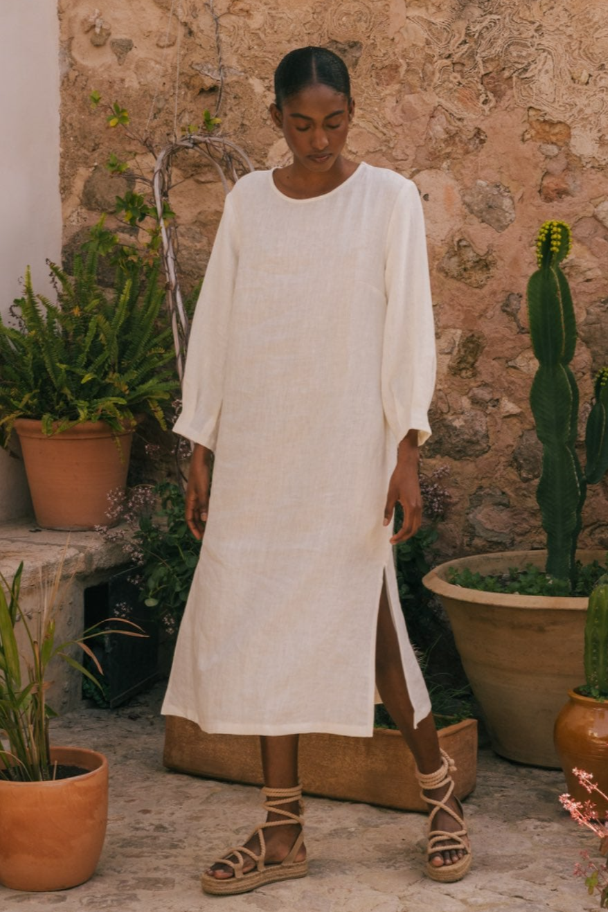 AmourLinen Damen vegan Kleid Lang LÃ¤nge Amalia WeiÃŸ