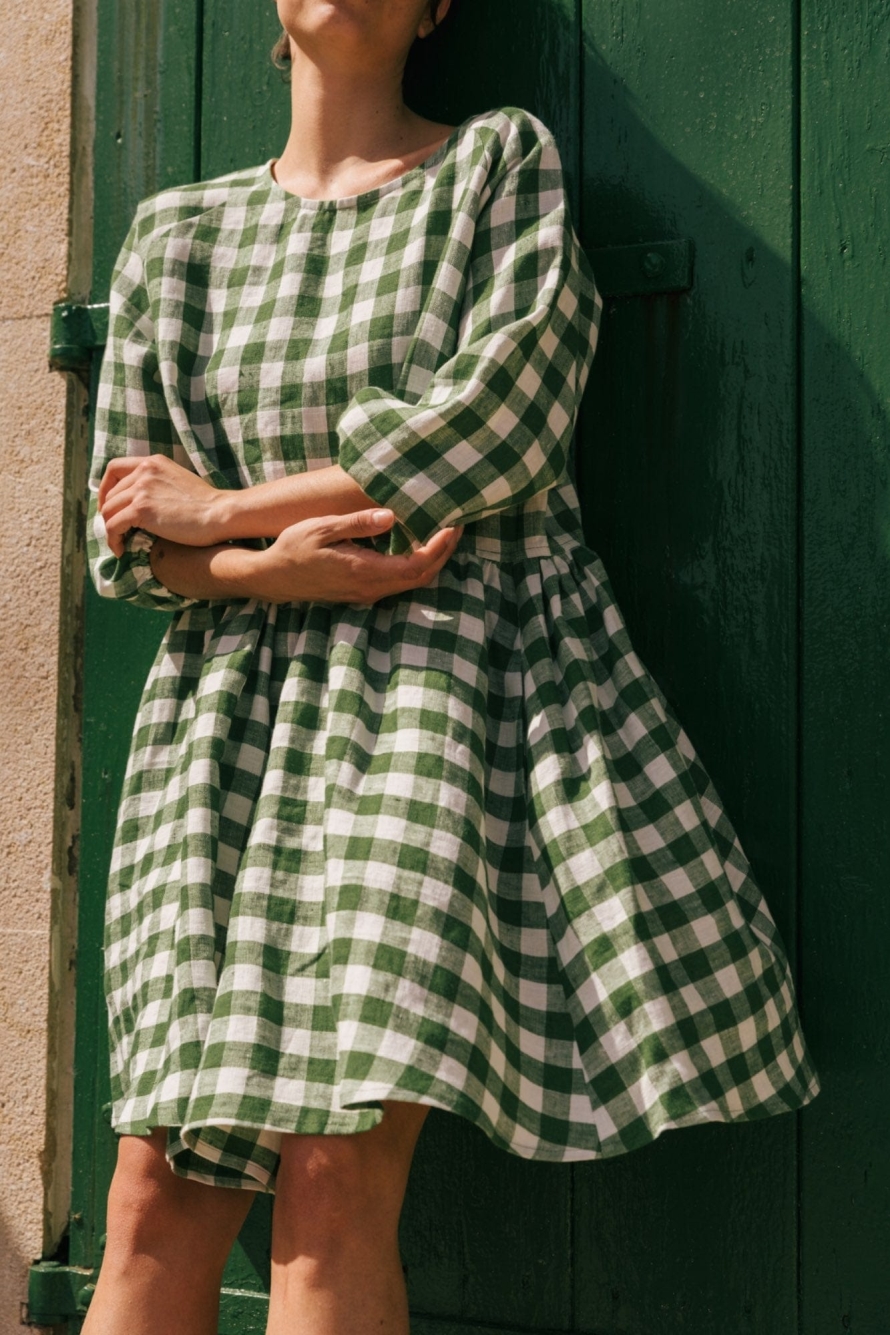 AmourLinen Damen vegan Kleid Sofia GrÃ¼n Gingham