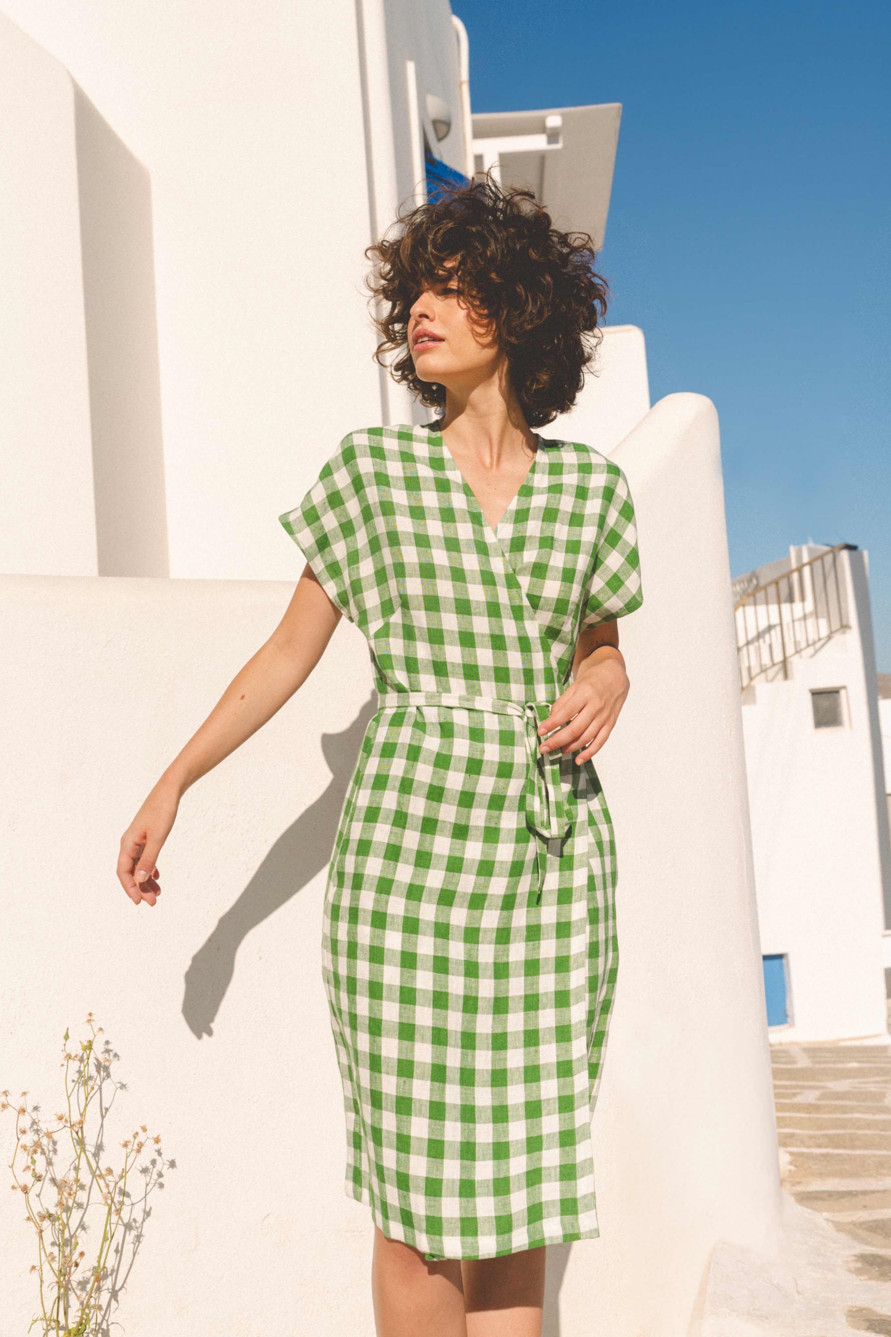 AmourLinen Damen vegan Wickelkleid Olivia GrÃ¼n Gingham