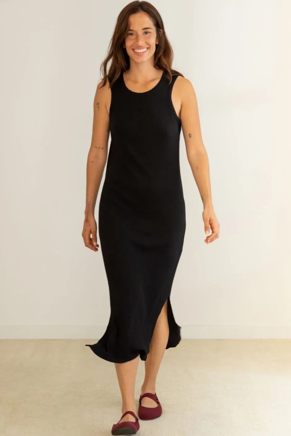 Clotsy Damen vegan Kleid Gerippt Blume Schwarz