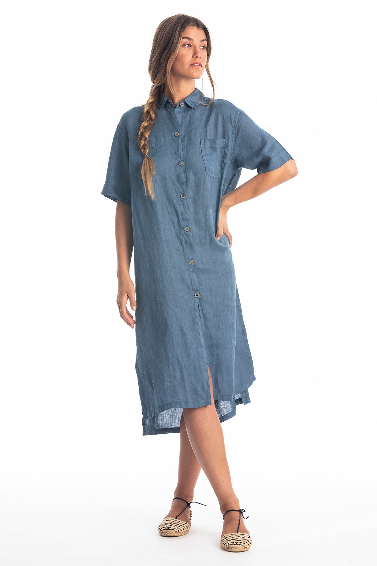 RAVENS VIEW IBIZA Damen vegan Kleid Shirt Iria Jeans Blau