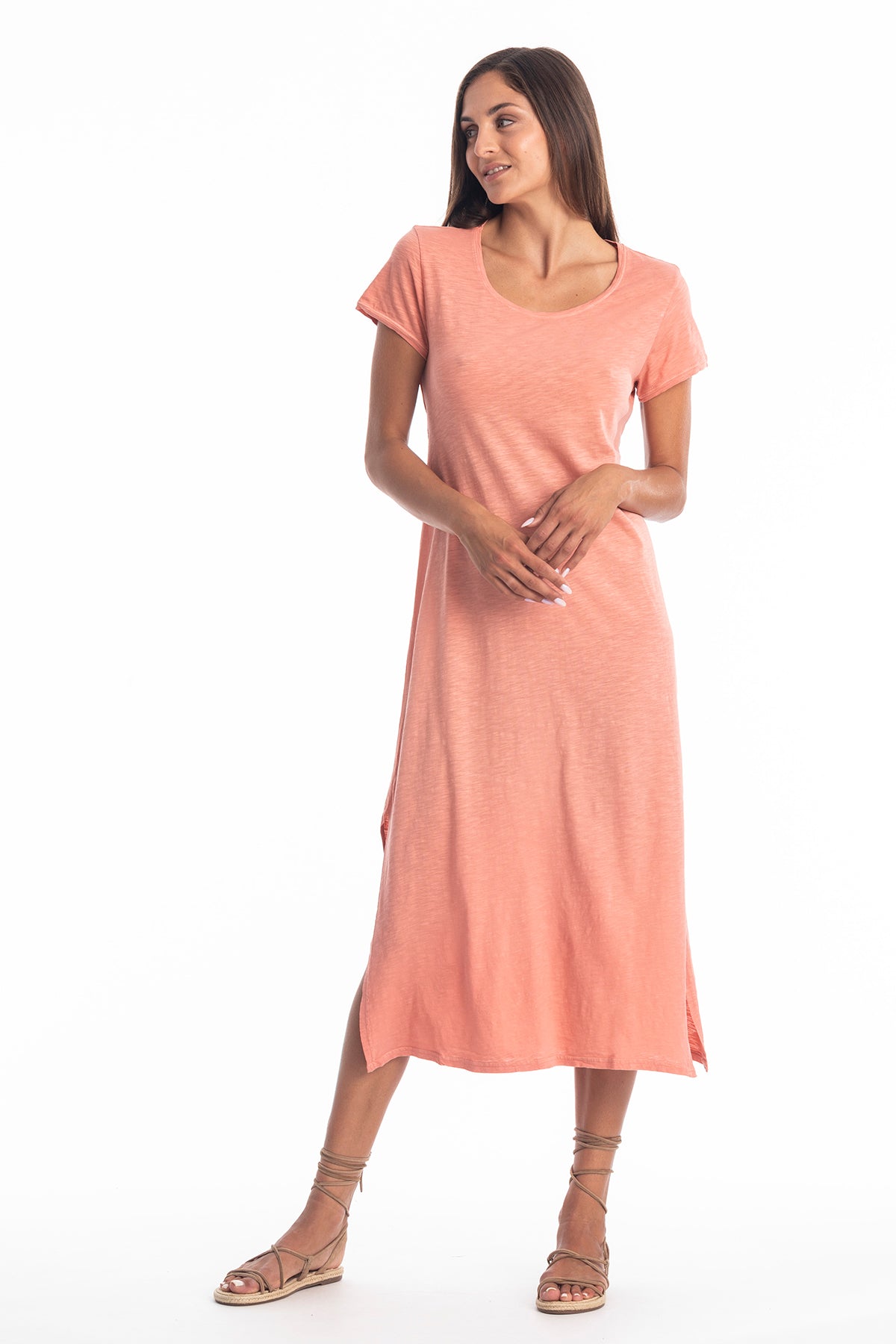 RAVENS VIEW IBIZA Damen vegan Rundhals Uma Kleid In Korallenrot