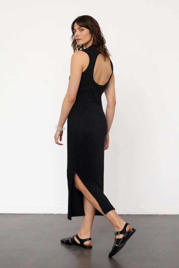 Rotholz Damen vegan Kleid Gerippt Schwarz
