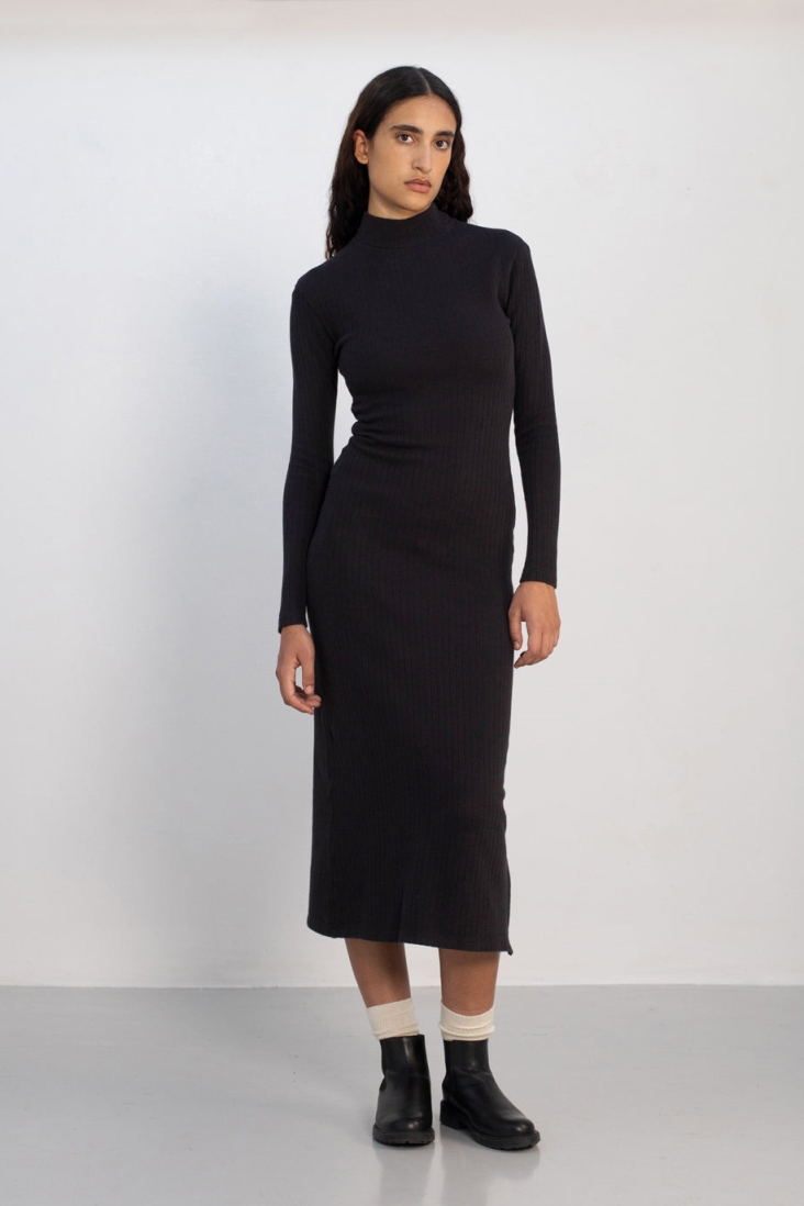 Rotholz Damen vegan Kleid Gerippter Mokkakragen True Black