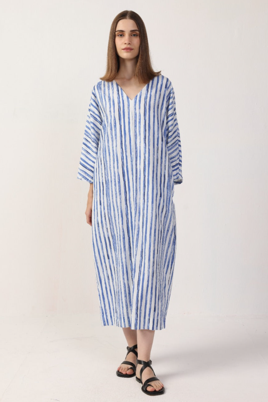 Neu Nomads Damen vegan Kleid Kaftan Isla Blau Gestreift