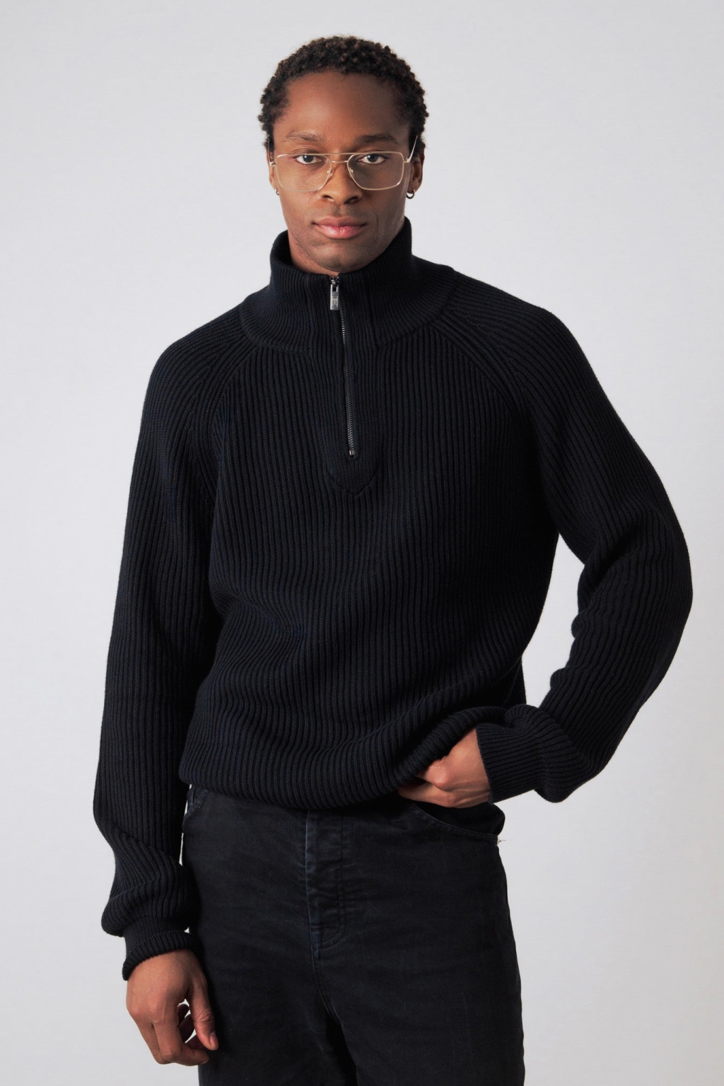 Honest Basics Herren vegan Half-Zip Pullover Strick Schwarz