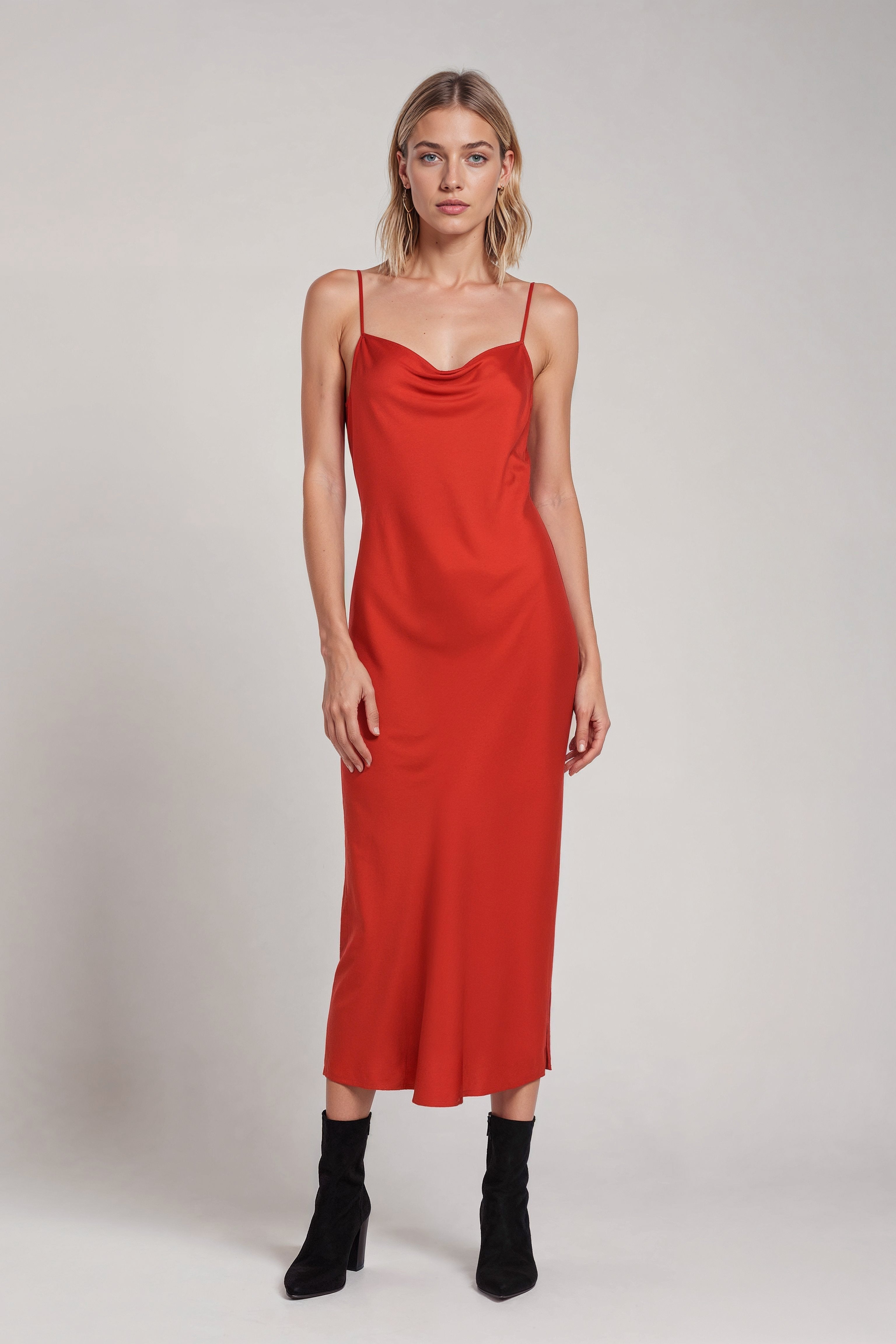 Neu Nomads Damen vegan Kleid Midi Rundhalsausschnitt Rot