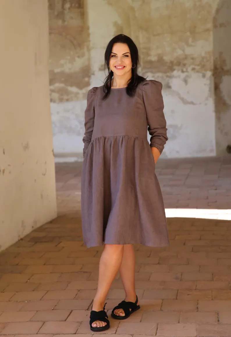 Amber Linen Damen vegan Kleid Sarah Taupe Braun