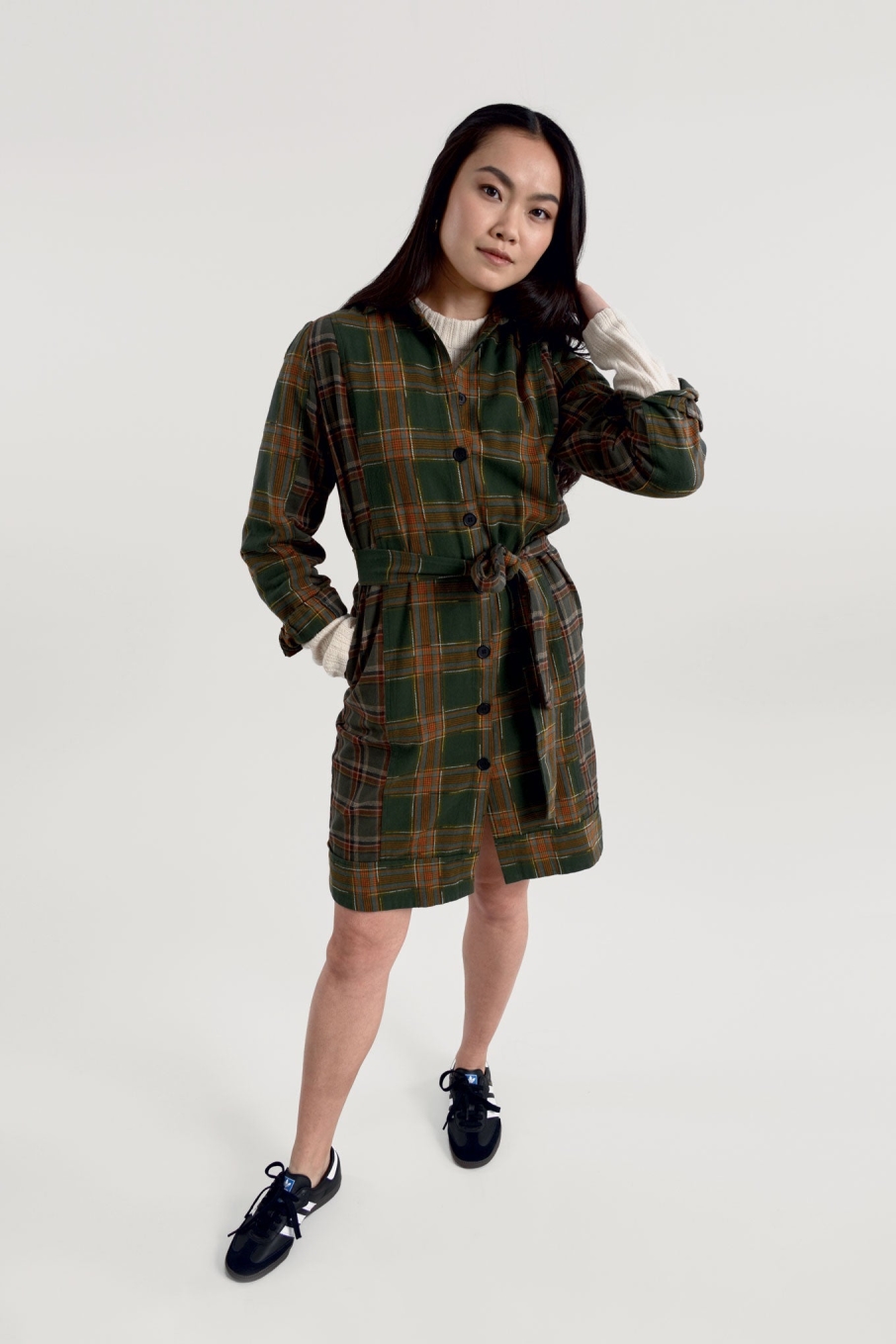 KOMODO Damen vegan Kleid Flanell Patchwork Rubinrot GrÃ¼n