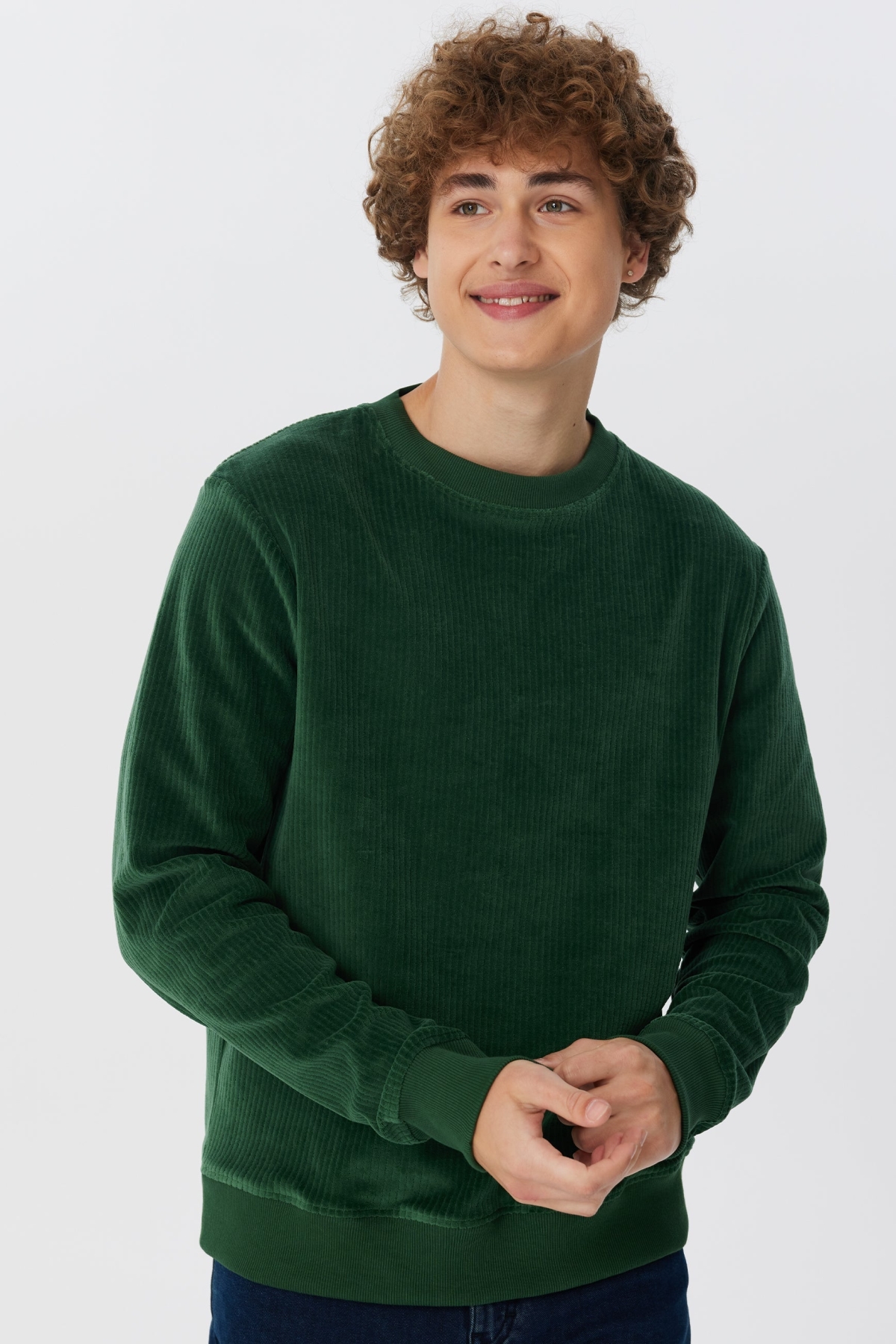 Leela Cotton Herren vegan Sweatshirt Corduroy Tanne Needle GrÃ¼n