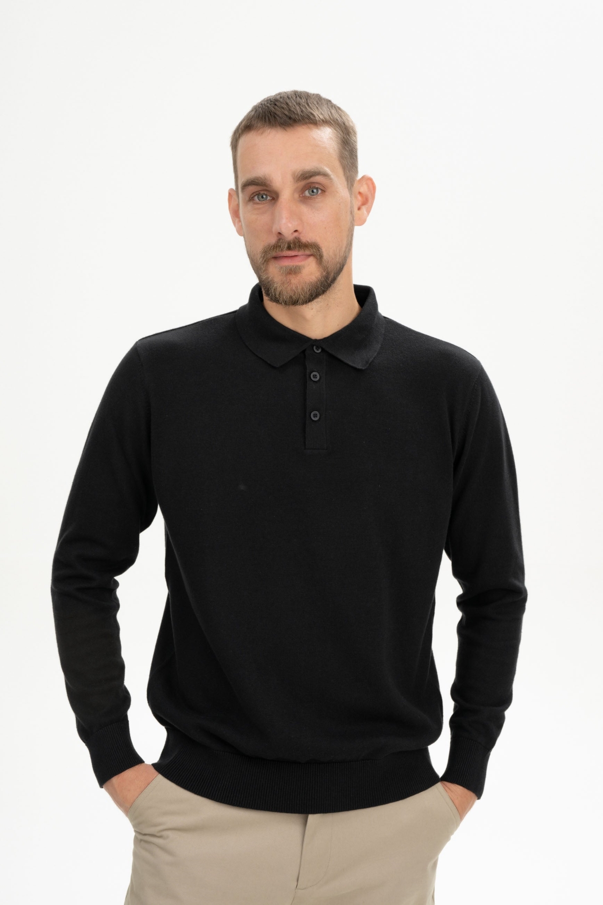 MELA Herren vegan Gestricktes Polohemd Mit Langen Ã„rmeln Harish Schwarz