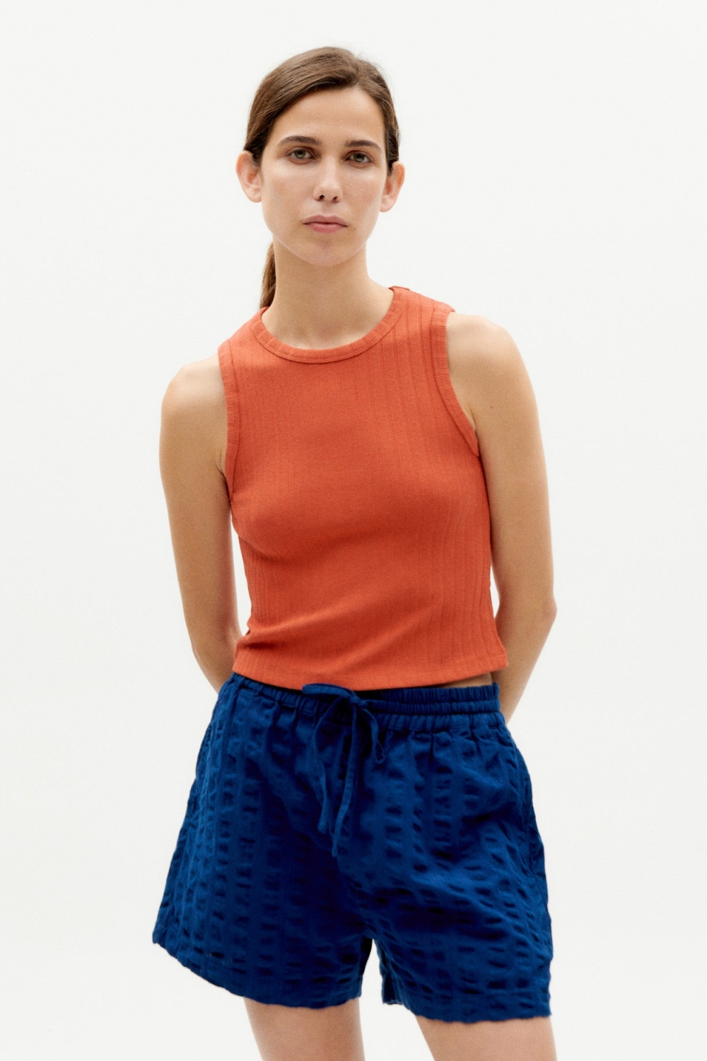 Thinking mu Damen vegan Shorts Geranium Seersucker Blau