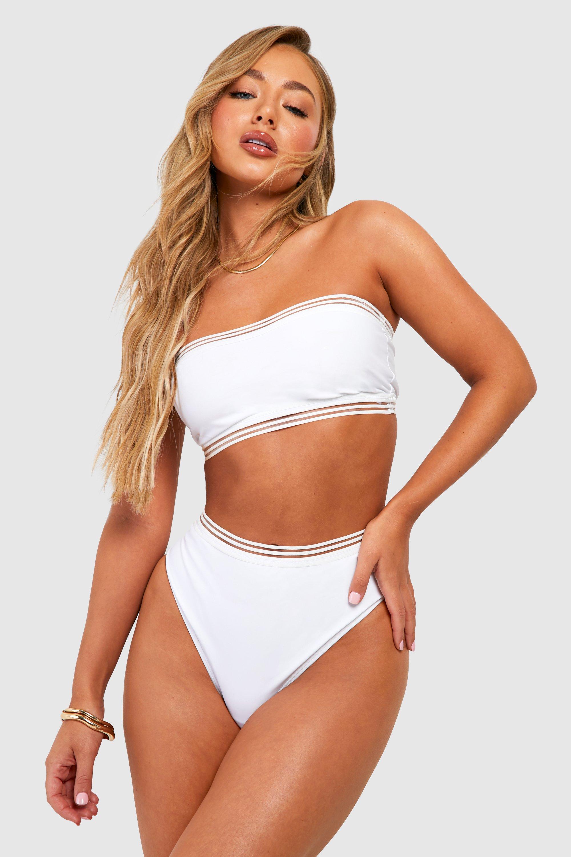 Boohoo Strapless Cape Verde Bikini Met Hoge Taille En Mesh Detail, White