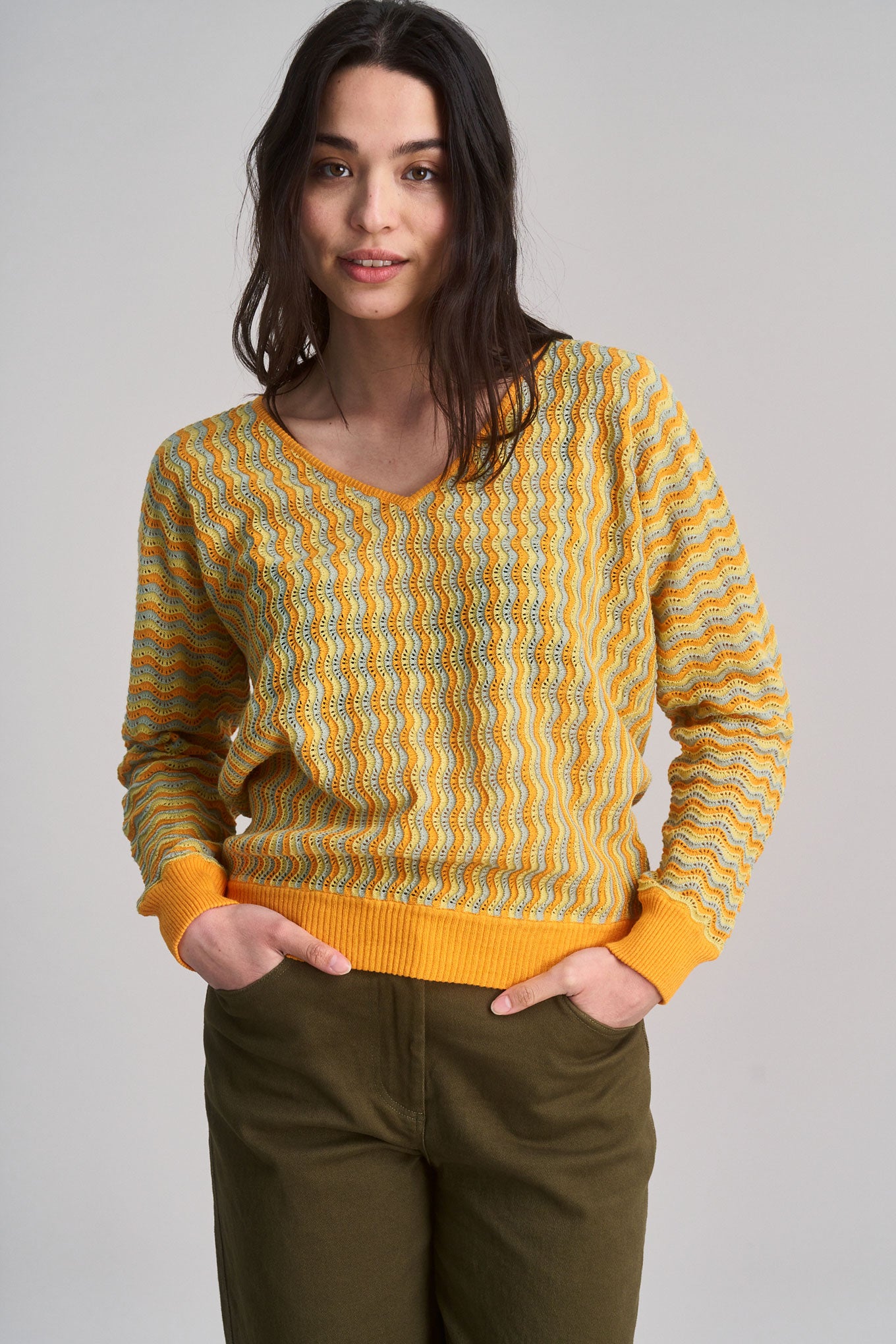 KOMODO Damen vegan Strickpullover Pointelle Gelb