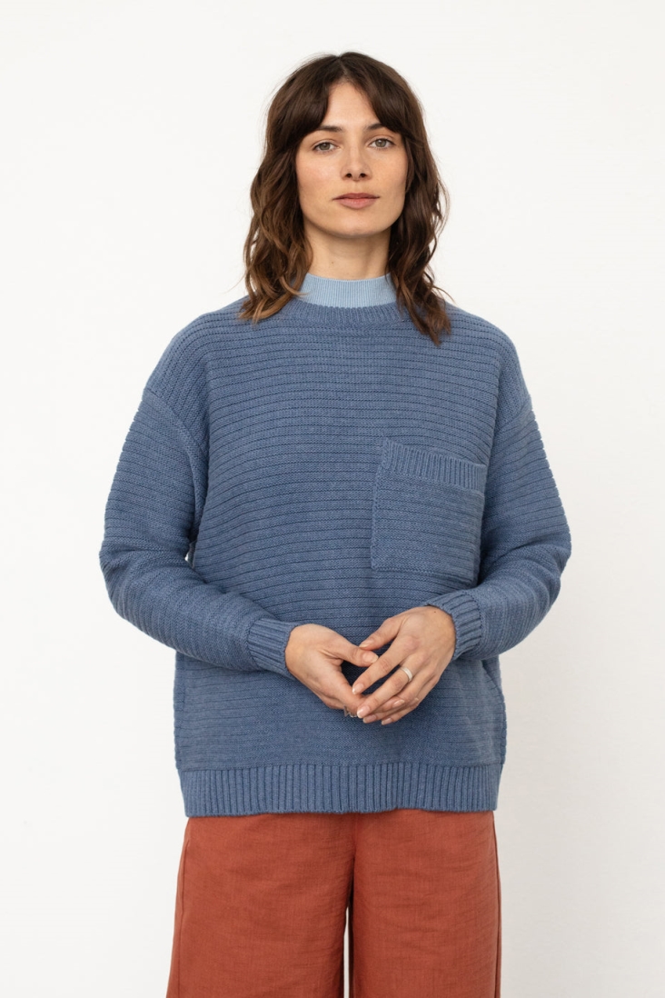 Rotholz Damen vegan Pullover Gestrickt Gerippt Blau