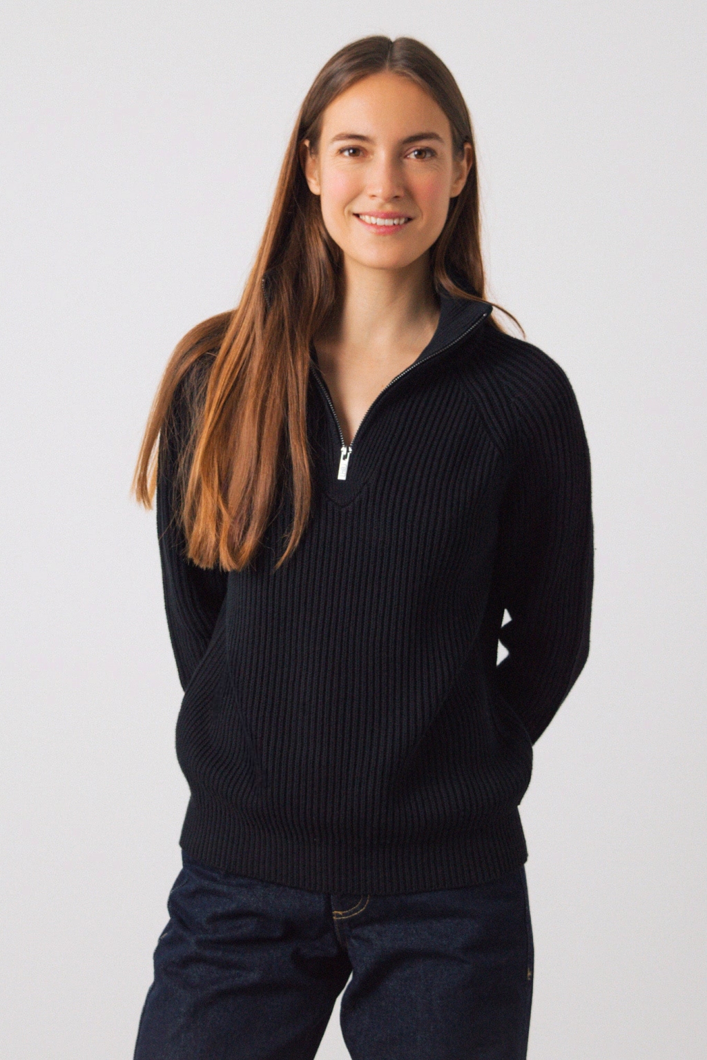 Honest Basics Damen vegan Half-Zip Pullover Strick Schwarz