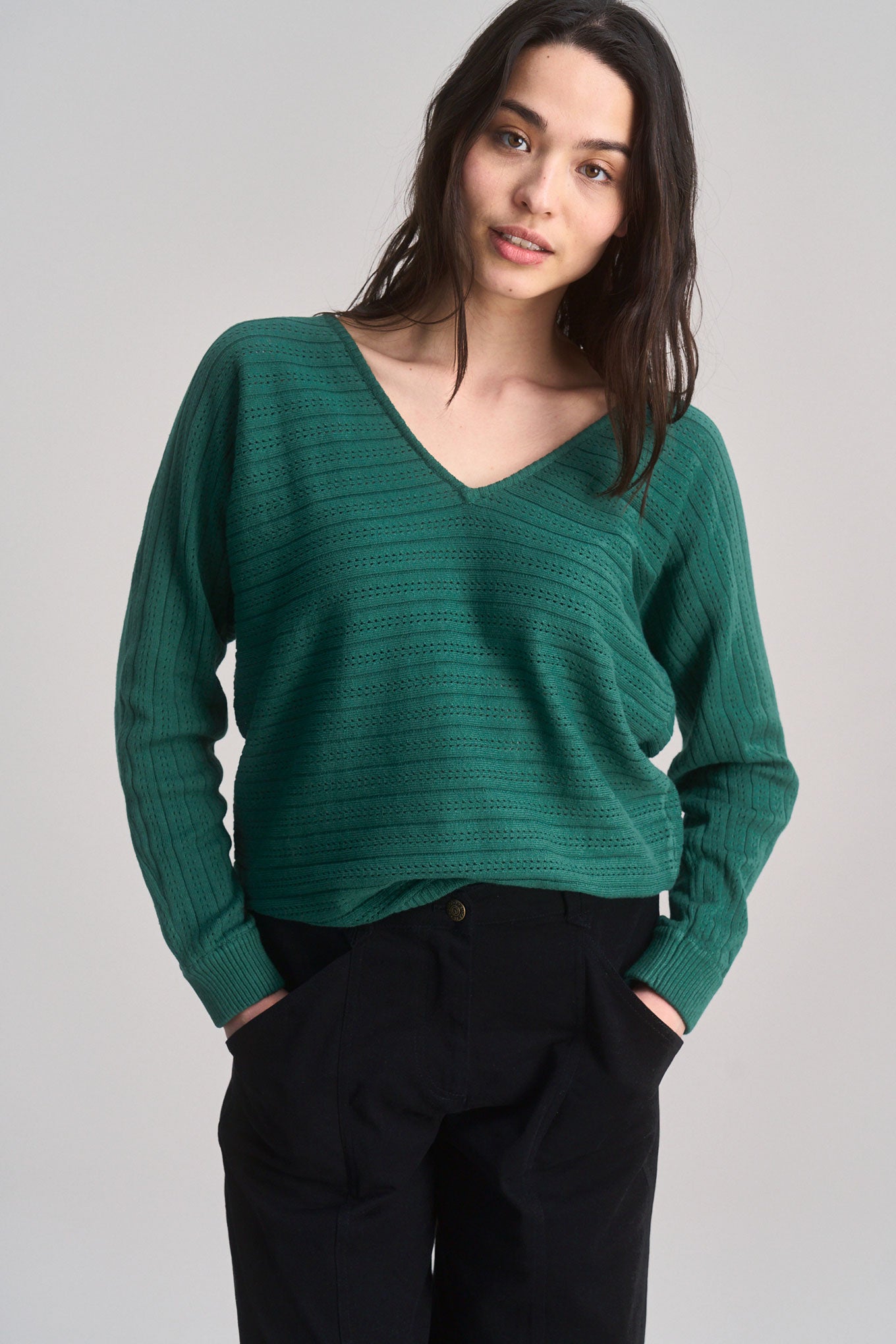 KOMODO Damen vegan Pullover Pointelle Knit Clover DunkelgrÃ¼n