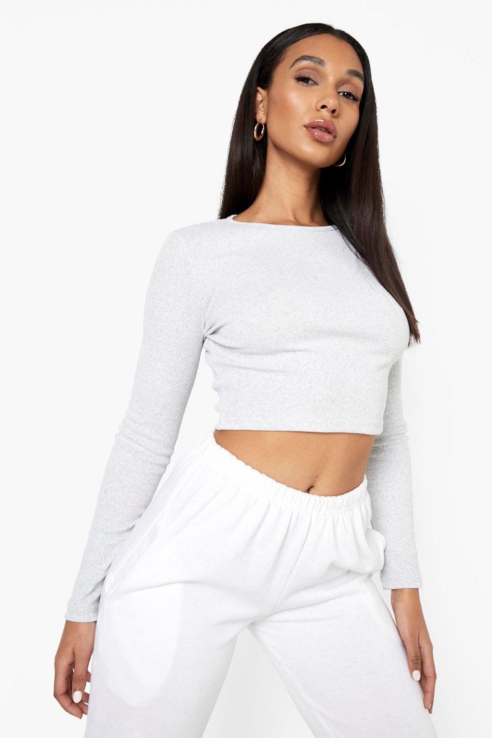 Boohoo Geribbelde Crop Top Met Lange Mouwen, Grey