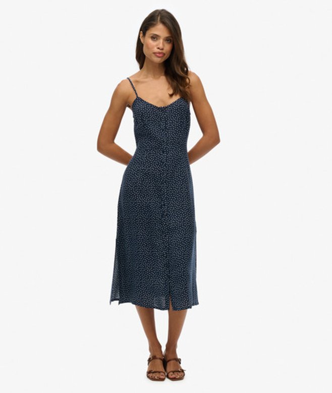 Superdry Cami Midi-jurk met Knoopsluiting en Print Blauw