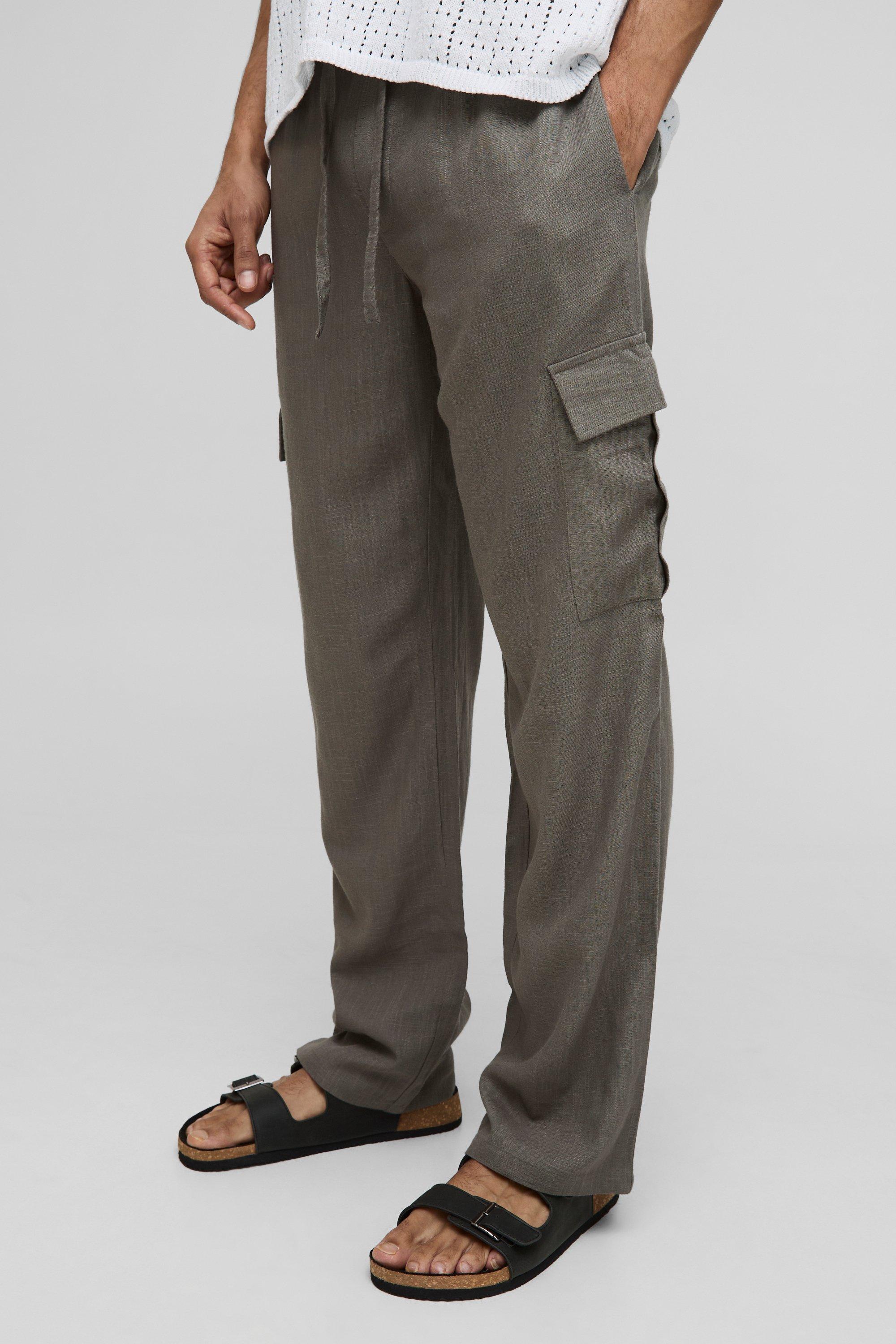 Boohoo Baggy Linnen Mix Cargo Broek Met Tailleband, Mocha
