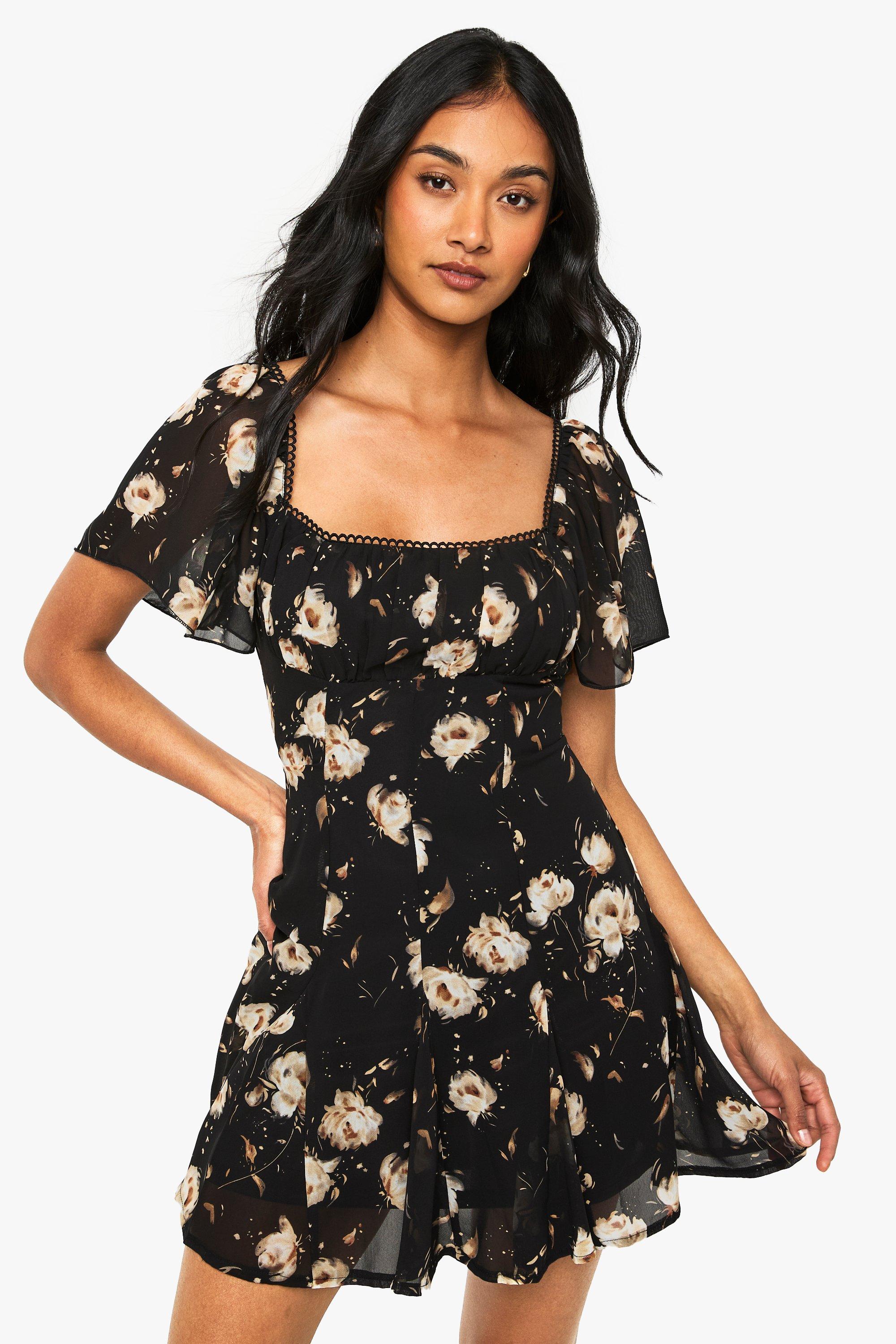 Boohoo Floral Milkmaid Godet Hem Mini Dress, Black