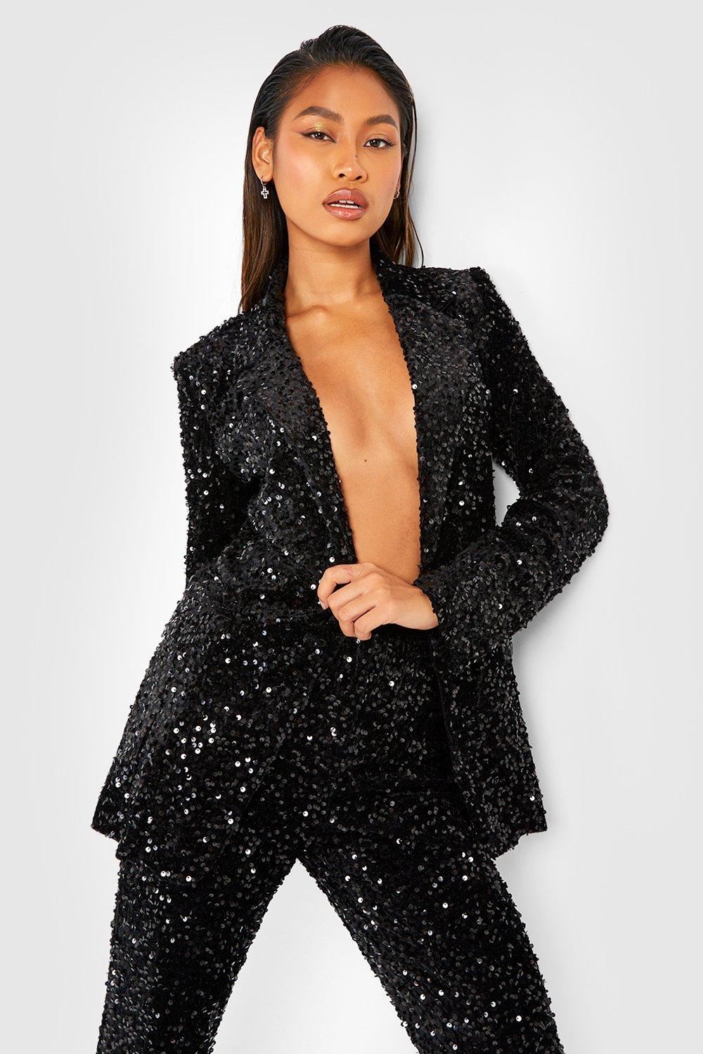 Boohoo Fluwelen Glitter Blazer Met Pailletten En Laag Decolleté, Black