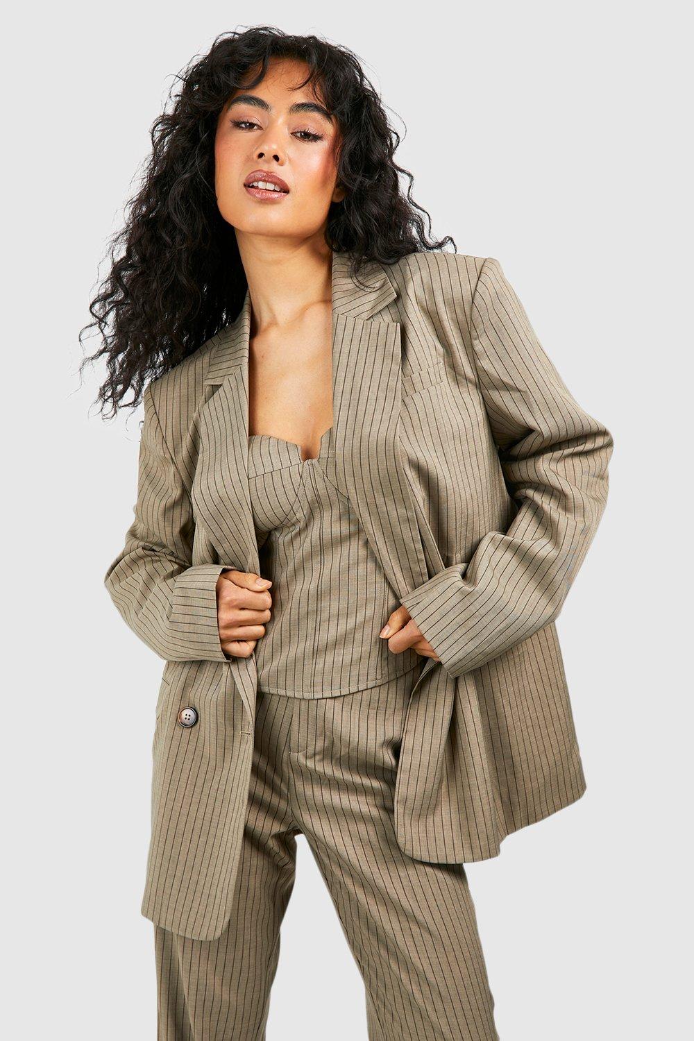 Boohoo Linnen Look Blazer Met Krijtstrepen En Dubbele Knopen, Taupe