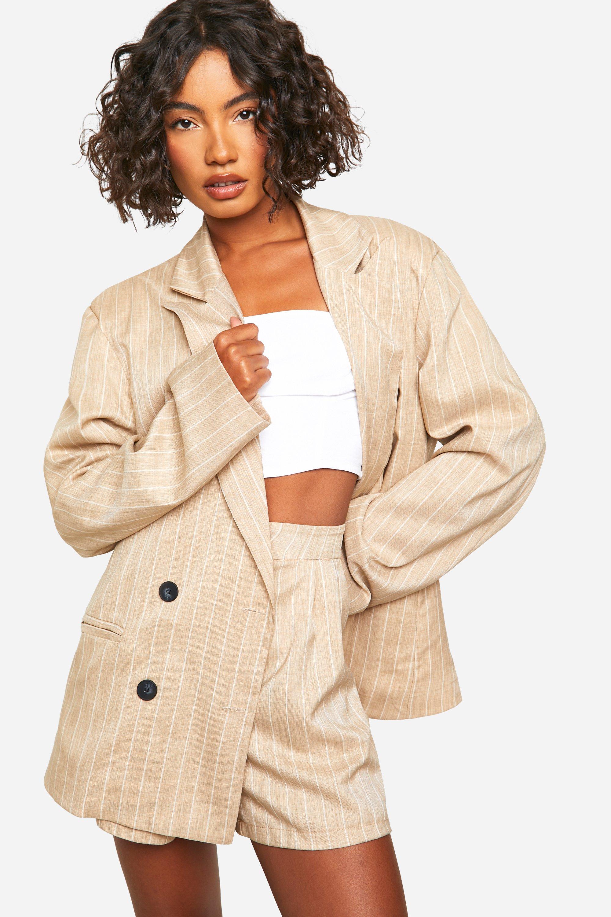 Boohoo Tall Oversized Linnen Look Blazer Met Krijtstrepen, Stone