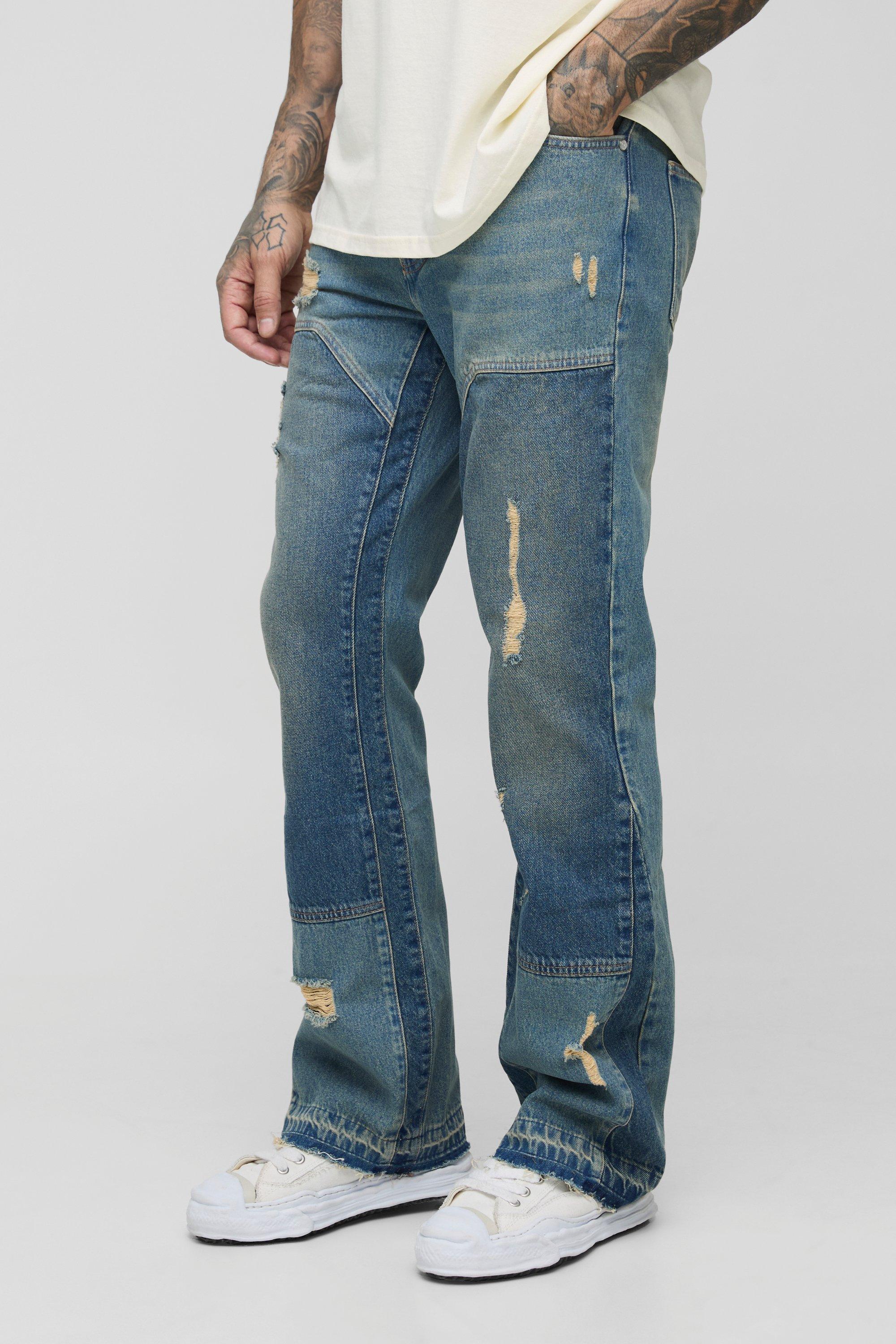 Boohoo Tall Onbewerkte Versleten Flared Slim Fit Utility Jeans, Mid Wash
