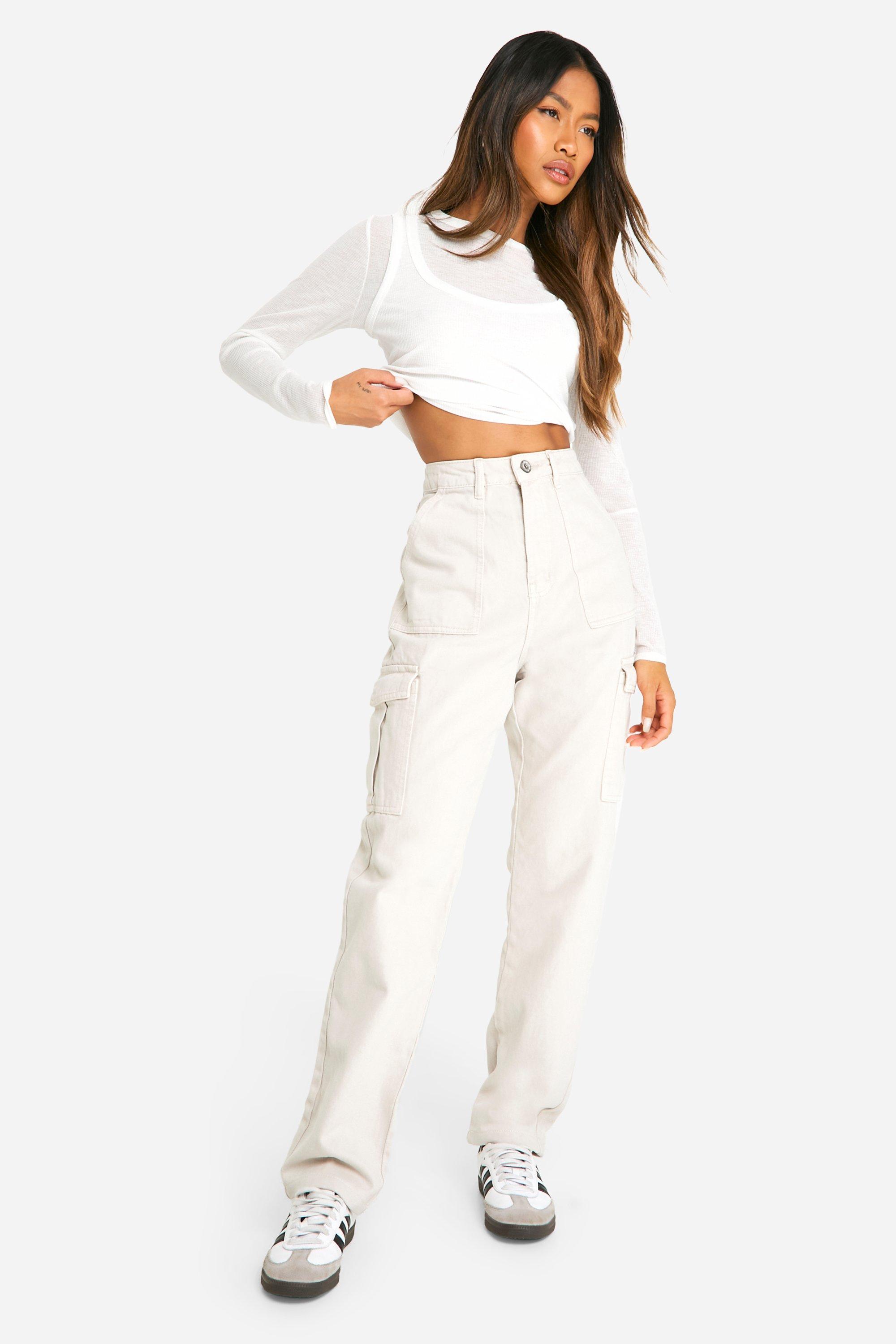 Boohoo Basic Jeans Met Cargo Zakken, Ecru