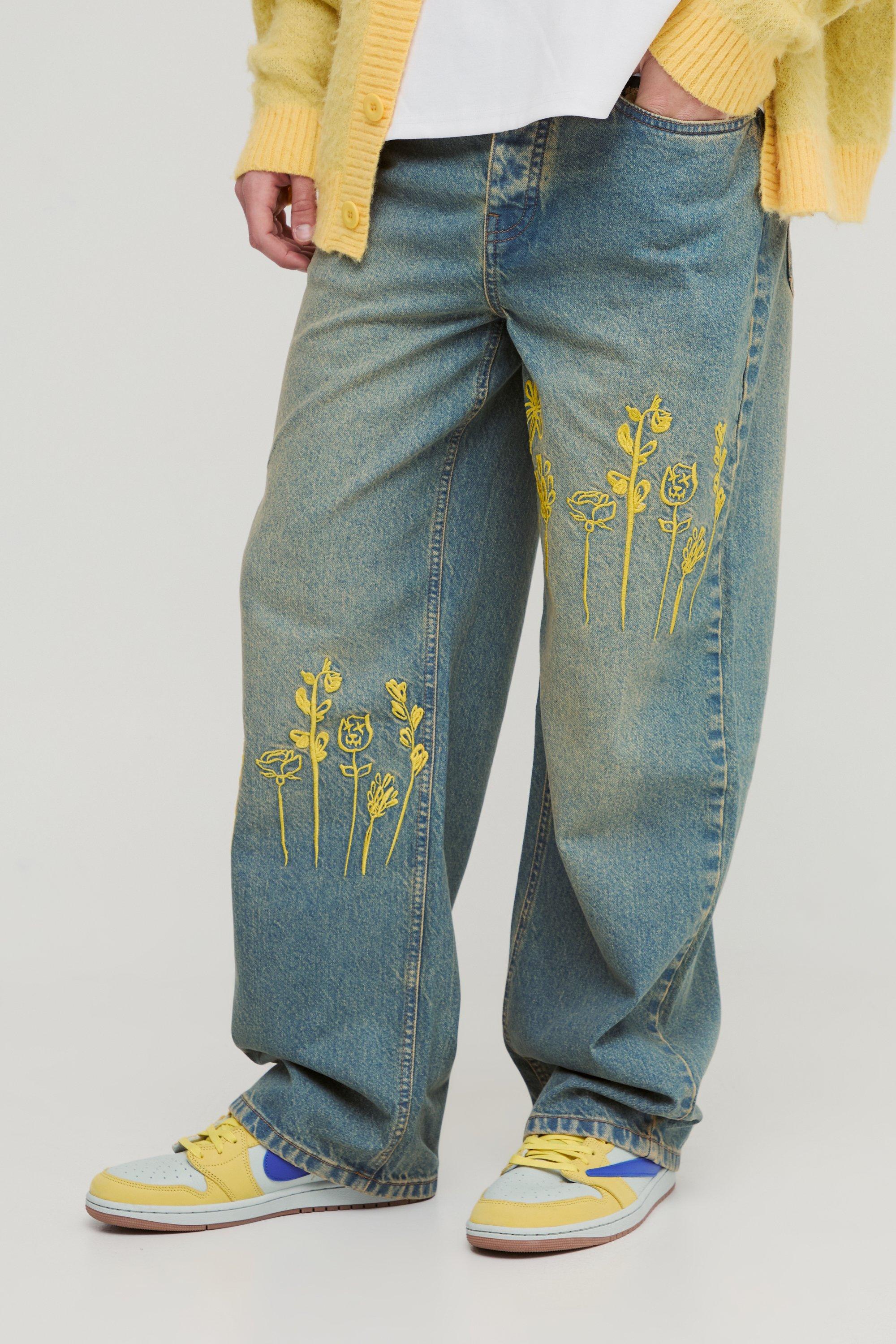 Boohoo Onbewerkte Geborduurde Baggy Jeans, Green