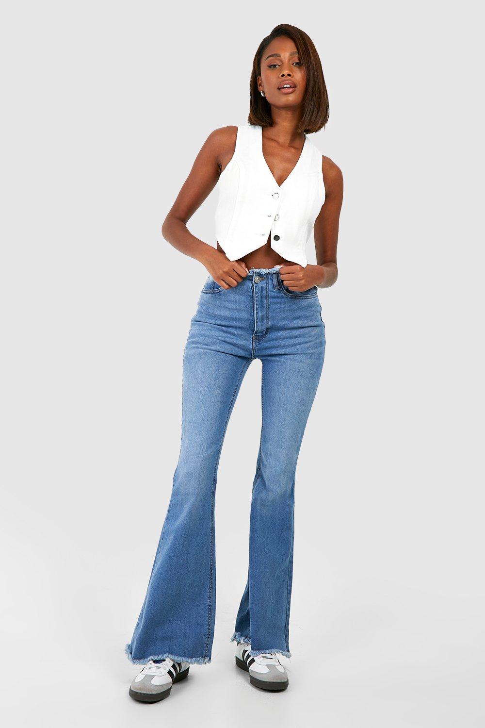 Boohoo Basic Flared High Rise Jeans, Mid Blue