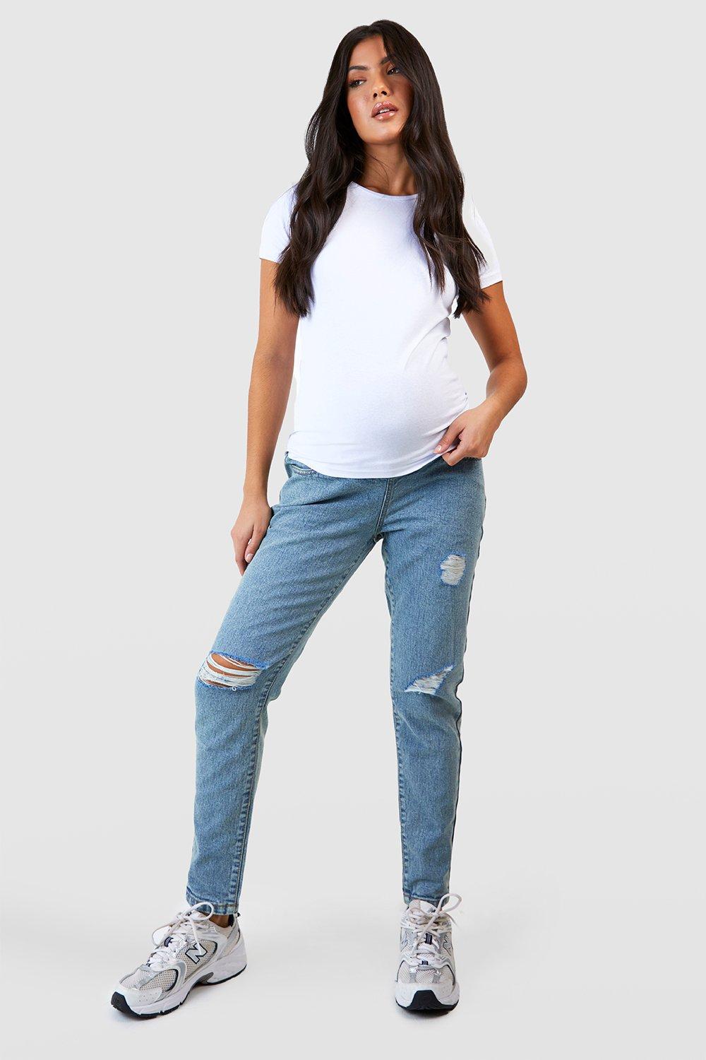 Boohoo Zwangerschap Gescheurde Mom Jeans, Washed Blue