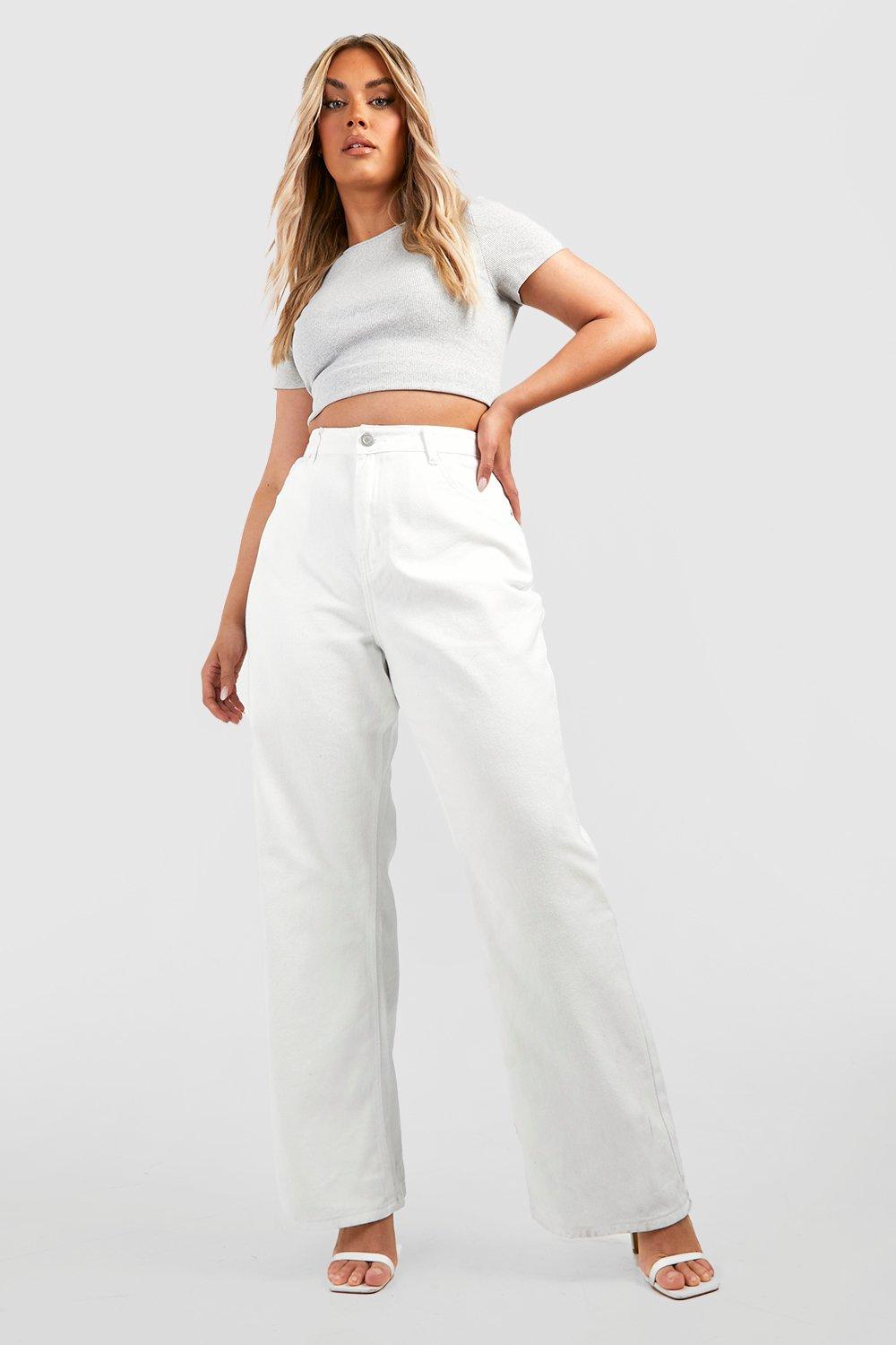 Boohoo Plus Wide Leg Denim Jeans, White