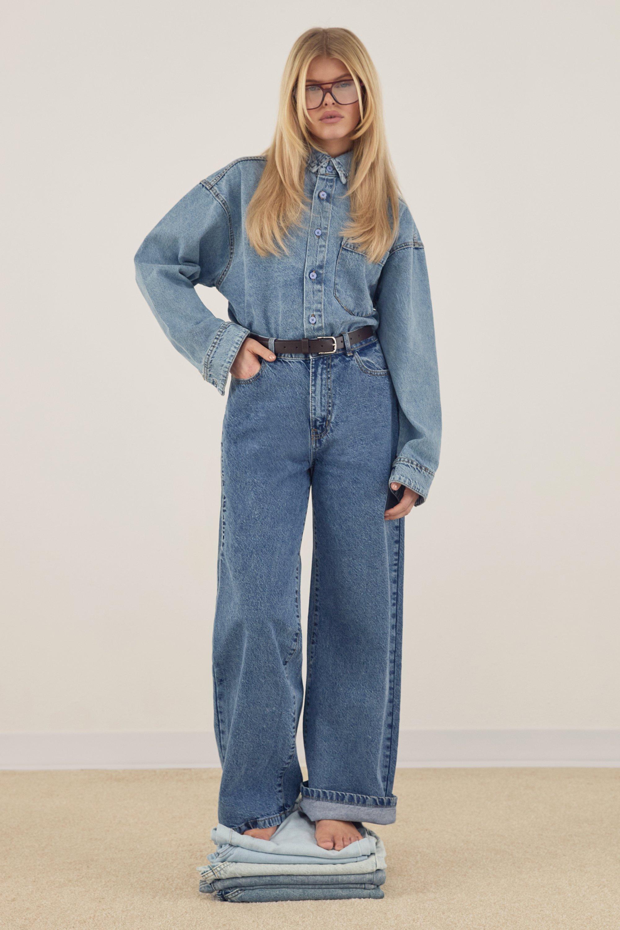Boohoo Basic High Waist Wide Leg Jeans, Mid Blue