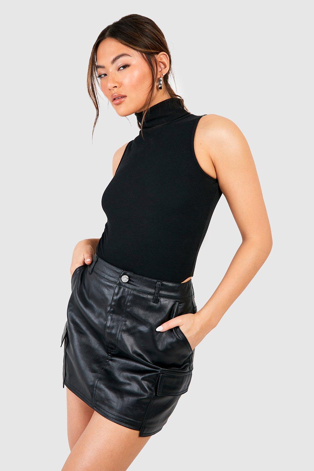 Boohoo Mini Spijkerrokje Met Pu Coating En Cargo Zakken, Black
