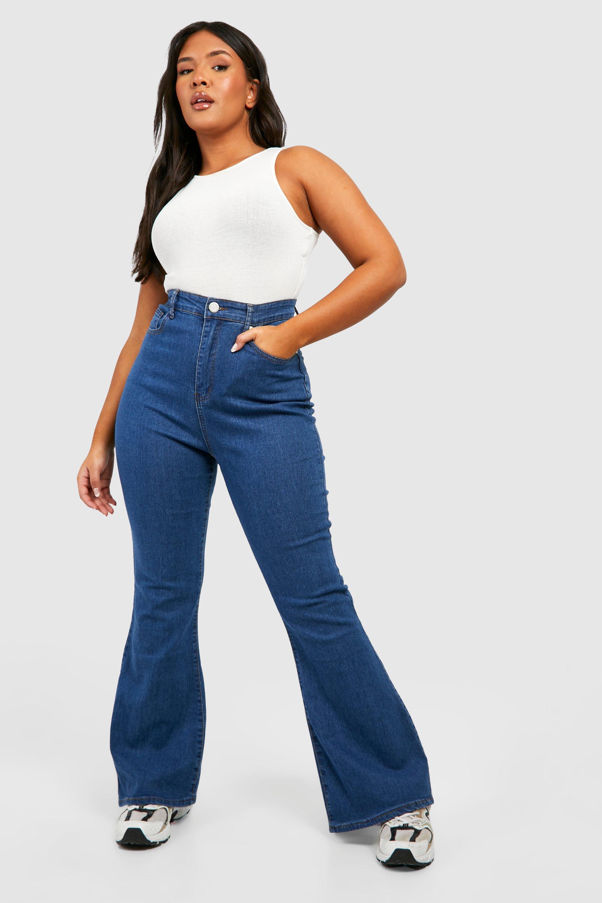 Boohoo Plus Flared Jeans, Mid Wash